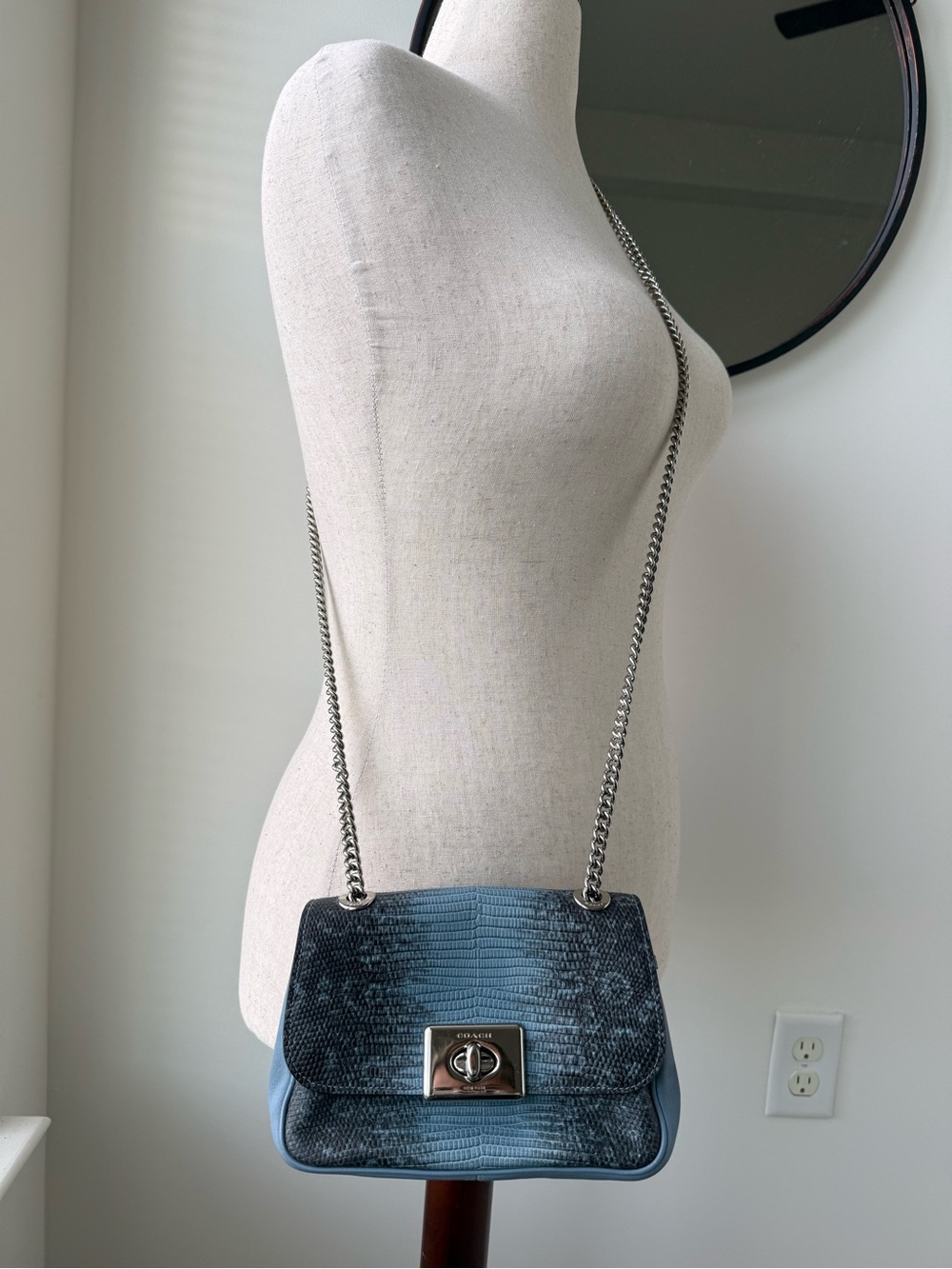 Coach Blue Textured Lizard-Embossed Shoulder Bag with Silver Chain